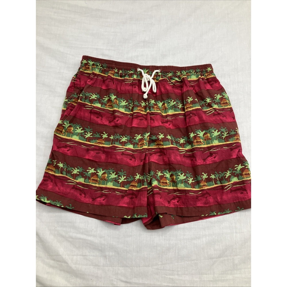 GAP Men's Size L Swim Trunks Pink /Green Tropical Print Hula Girl Elastic Waist